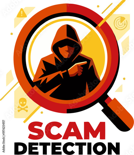 Scam Detection Warning — Hooded Criminal Under Magnifying Glass Cyber Fraud Alert Concept