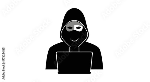 Hacker Silhouette with Laptop Wearing Mask and Hoodie, Cybercrime Concept