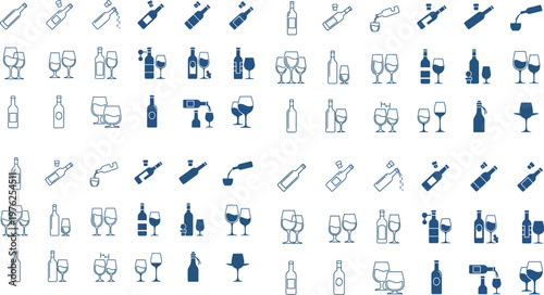 Wine and Cocktail Icon Set with Bottles, Glasses, and Champagne for Bars, Restaurants, and Digital Media Designs