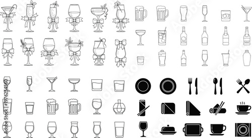 Barware and Tableware Icon Set with Cocktails, Glasses, Plates, Utensils, and Beverage Containers for Hospitality and Digital Media Designs