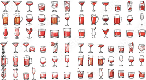 Cocktail and Drink Glass Icon Set with Various Beverages, Glasses, and Cocktails for Bars, Restaurants, and Digital Media Designs