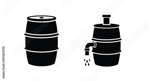 Two black barrel icons one with spigot on transparent background silhouette