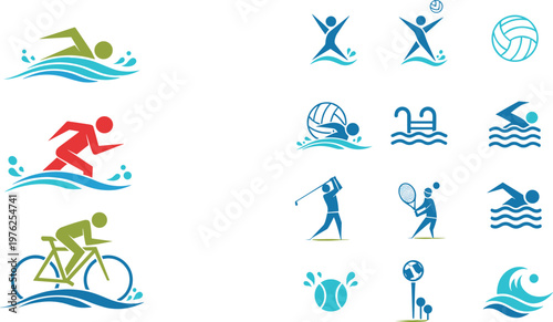 Water Sports and Outdoor Activity Icons Set Featuring Swimming Volleyball Cycling Golf and Fitness Recreation Symbols for Active Lifestyle Design