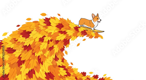 A playful corgi rides a wave of autumn leaves on a surfboard in a fun vector illustration
