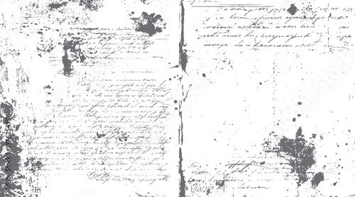 Faded grey handwritten script on distressed white paper with ink splatters and smudges antique aged handwriting