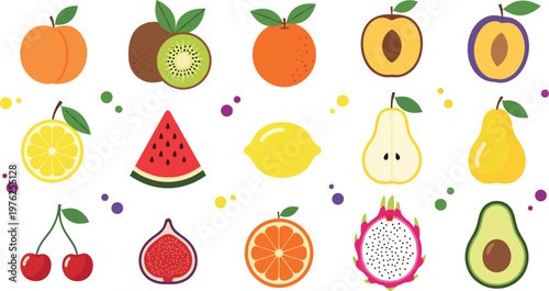 Colorful Fruits Collection with Peach, Kiwi, Orange, Lemon, Watermelon, Pear, Avocado, Fig and More Flat Vector Illustrations for Healthy Food Design.