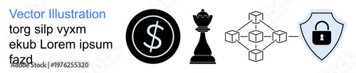 Finance, security, blockchain, decision-making, digital protection, business management. Dollar symbol, chess piece blockchain diagram shield with lock. Finance and security