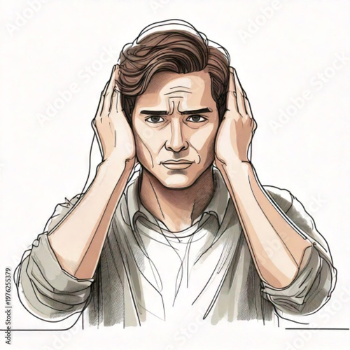 Man covering ears with hands looking stressed.