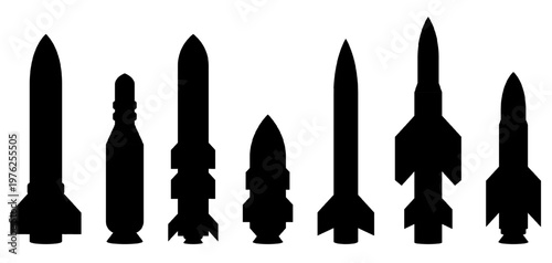 Set of black missile and rocket silhouettes isolated on transparent background. Vector military weapons, ballistic ICBMs, and cruise missiles. Defense, war, armament, and global conflict concepts.