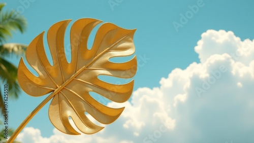 A single large leaf sits in the foreground of a bright blue sky, perfect for use in environmental or nature-themed designs