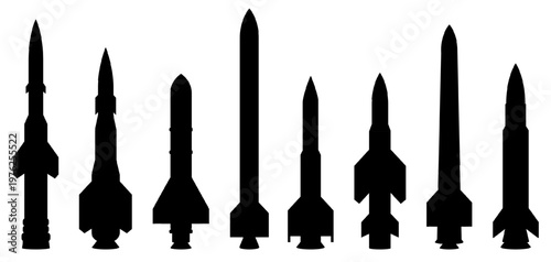 Silhouettes of ballistic missiles and rockets of various designs and sizes, displayed vertically isolated on transparent background. Military arsenal, strategic weapons, missile technology. War visual