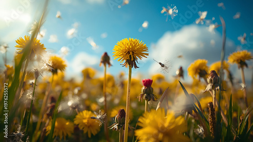 A fantastical spring scene of yellow dandelions and their fluffy seeds bathed in sunlight 