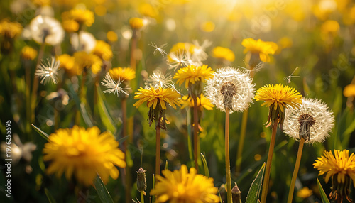 A fantastical spring scene of yellow dandelions and their fluffy seeds bathed in sunlight 