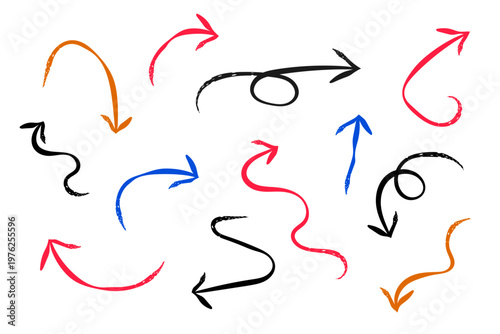 Hand Drawn Arrow Set Vector Colorful Sketchy Directional Pointers and Swirl Symbols Isolated on White Background