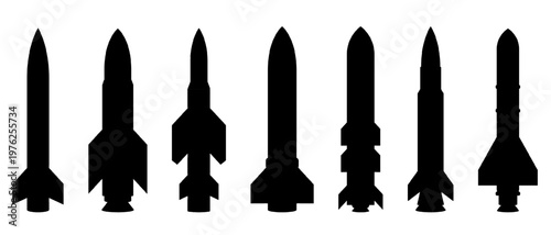 Missile vector set with various rocket silhouettes, ballistic and tactical shapes in black isolated on white background. Military weapon collection for war, defense, conflict, and security concepts.
