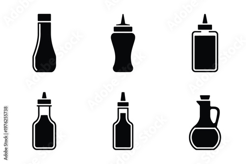 A set of black and white icons of various condiment bottles