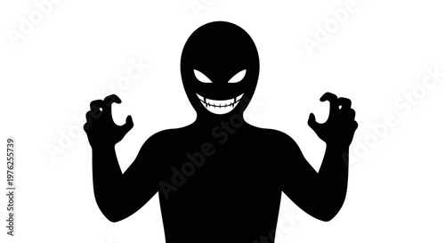 Scary Black Silhouette Monster with Evil Grin and Glowing Eyes, Raising Claws
