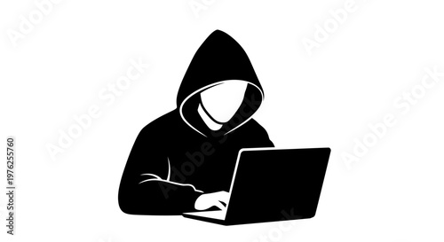 Silhouette Hacker Using Laptop Computer in Dark Hoodie, Cybercrime Concept Illustration