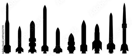 Set of black missile and rocket silhouettes isolated on transparent background. Vector military weapons, ballistic ICBMs, and cruise missiles. Defense, war, armament, and global conflict concepts.