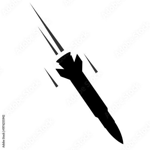 Flying missile silhouette with motion trails isolated on white background. Black vector launching rocket, ballistic weapon, and strikes icon. Military, war, defense, and conflict concepts.