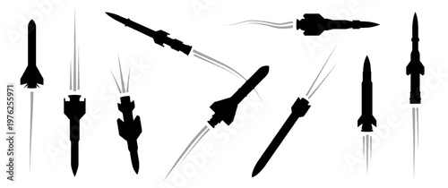 Set of flying missile silhouettes with motion trails isolated on white background. Black vector launching rockets, ballistic weapons, and strikes icons. Military, war, defense, and conflict concepts.