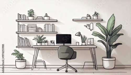 Modern home office setup with desk chair and plants.