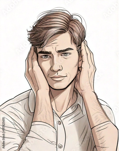 Man covering ears with hands in frustration or blocking noise.