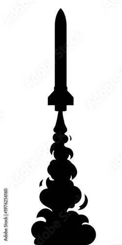 Black silhouette of a launching missile with a heavy smoke trail isolated on a white background.. Vector icon of a military rocket liftoff. War, defense, attack, strike, and weapon concepts