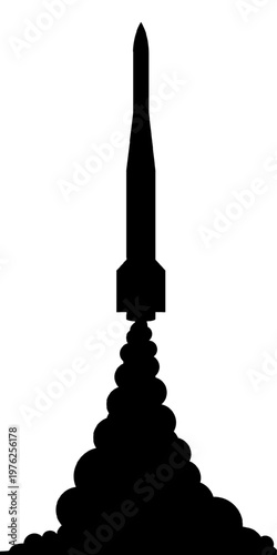 Black silhouette of an intercontinental ballistic missile launching vertically with a massive smoke trail. Vector icon for military, nuclear war, and defense concepts isolated on a white background.