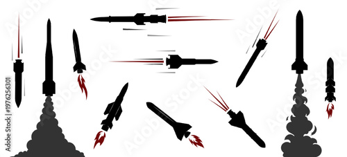 Set of black missile and rocket silhouettes with red flames and smoke trails isolated on white. Vector illustration of launching, flying, falling weapons for military, defense, war, air strike concept