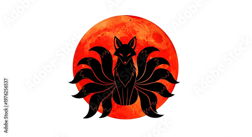 A mystical nine-tailed fox silhouette stands before a vibrant red moon in a stunning vector graphic illustration.