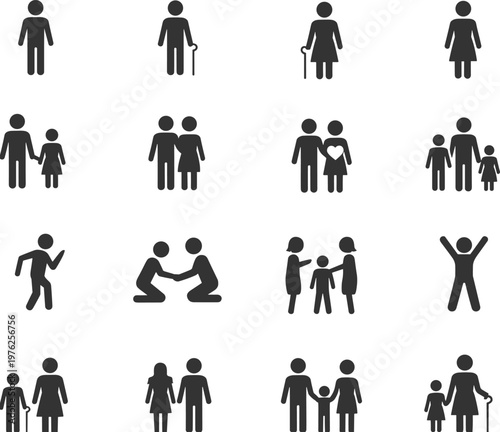 Minimalist black silhouette of people in various social and family arrangements people silhouettes