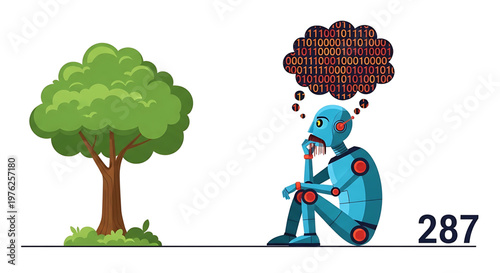 A blue robot sits thoughtfully next to a tree with a cloud of binary code above its head