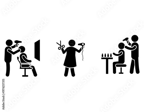 Three stick figure illustrations depicting various hair salon and beauty parlor services, including hairdressing, styling, and manicures.