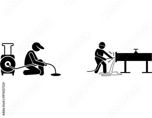 Stick figures depicting plumbing work, including drain cleaning and pipe repair with water leakage.