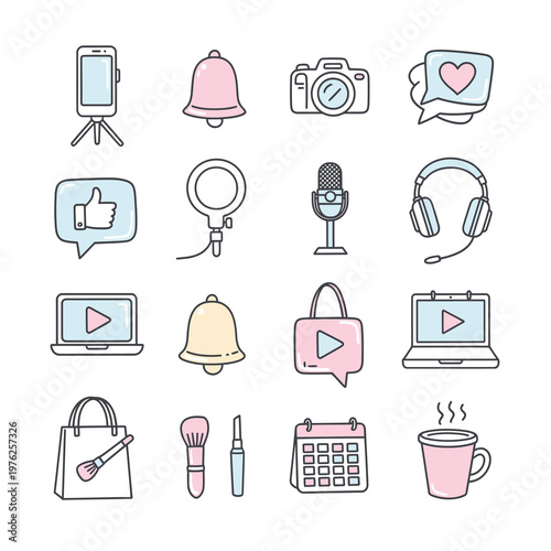 A collection of social media icons and symbols.