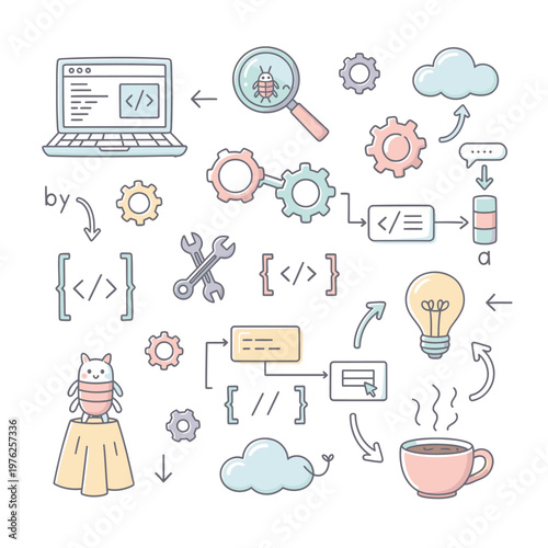 Colorful illustration of coding and development concepts.