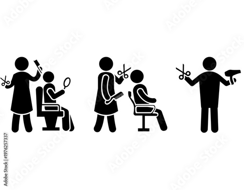 Stick figures illustrating various activities in a hair salon, including cutting, styling, and holding tools.