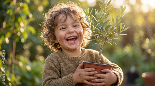 Earth Day Mother Earth child laughing holding tree sapling hope future environmental conservation sustainability generation editorial magazine cover website content