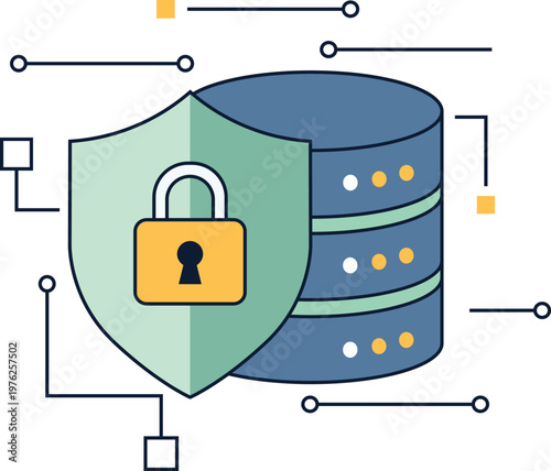 Secure database server concept shown as a flat vector graphic with a protective shield icon