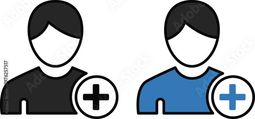 Vector illustration of two user profile icons with a plus symbol for account addition tasks