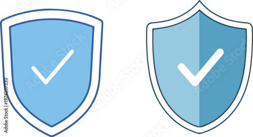 Flat and outline style blue vector shield illustrations with checkmark for security.