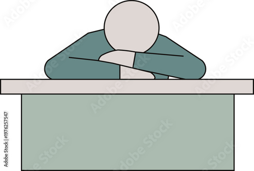 Tired person resting their head on a desk in this simple flat vector graphic design