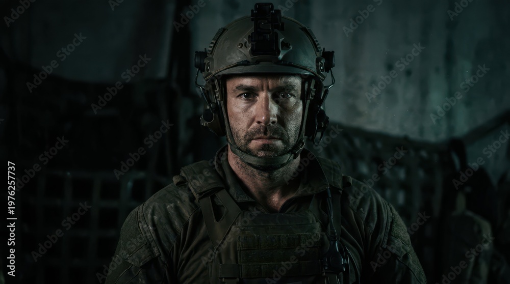 Obraz premium Focused Soldier in Tactical Gear with Determined Expression