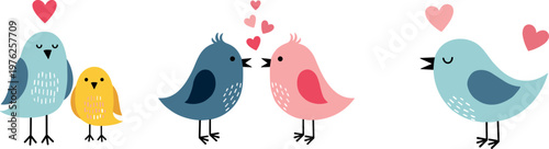 Cute Love Birds Collection Featuring Cartoon Bird Couple Family and Romantic Heart Elements for Valentine Day and Animal Illustration Design