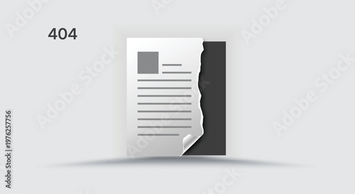 Website 404 error page vector graphic showing a torn document with missing information.