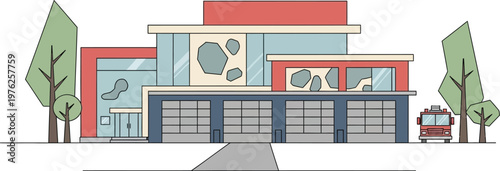 Modern Fire Station Building Vector Illustration with Fire Truck Garage Front View Clean Flat Design