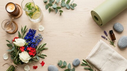 Top down Memorial Day wellness lay with yoga mat and plain towel
