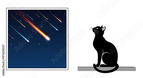 A curious black cat looks up at a vibrant meteor shower in the night sky