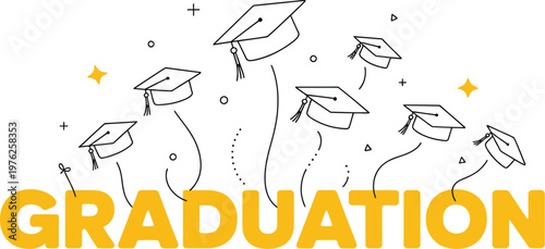 Graduation lettering illustration, vector design with caps thrown up and congratulations graduates 2026 text on white background for ceremony celebration and event graphics.